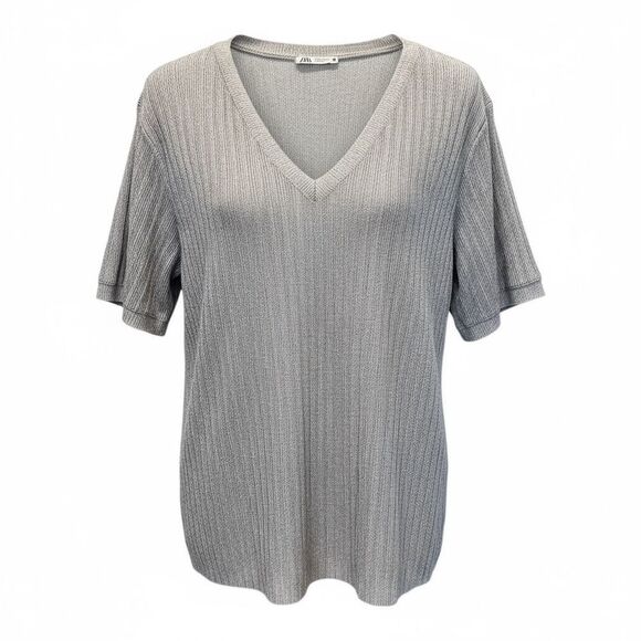 NWOT ZARA Women’s Silver/Light Gray Deep V-Neck  Ribbed  Oversized Blouse Top- S - Picture 1 of 6
